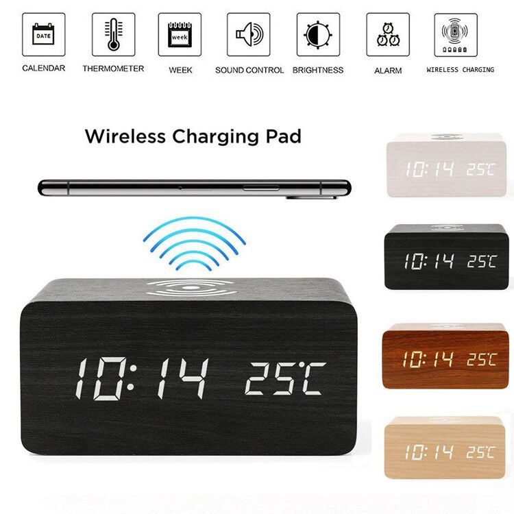 Despertador digital simil madera con carga inalámbrica, 3 alarmas y control por sonido