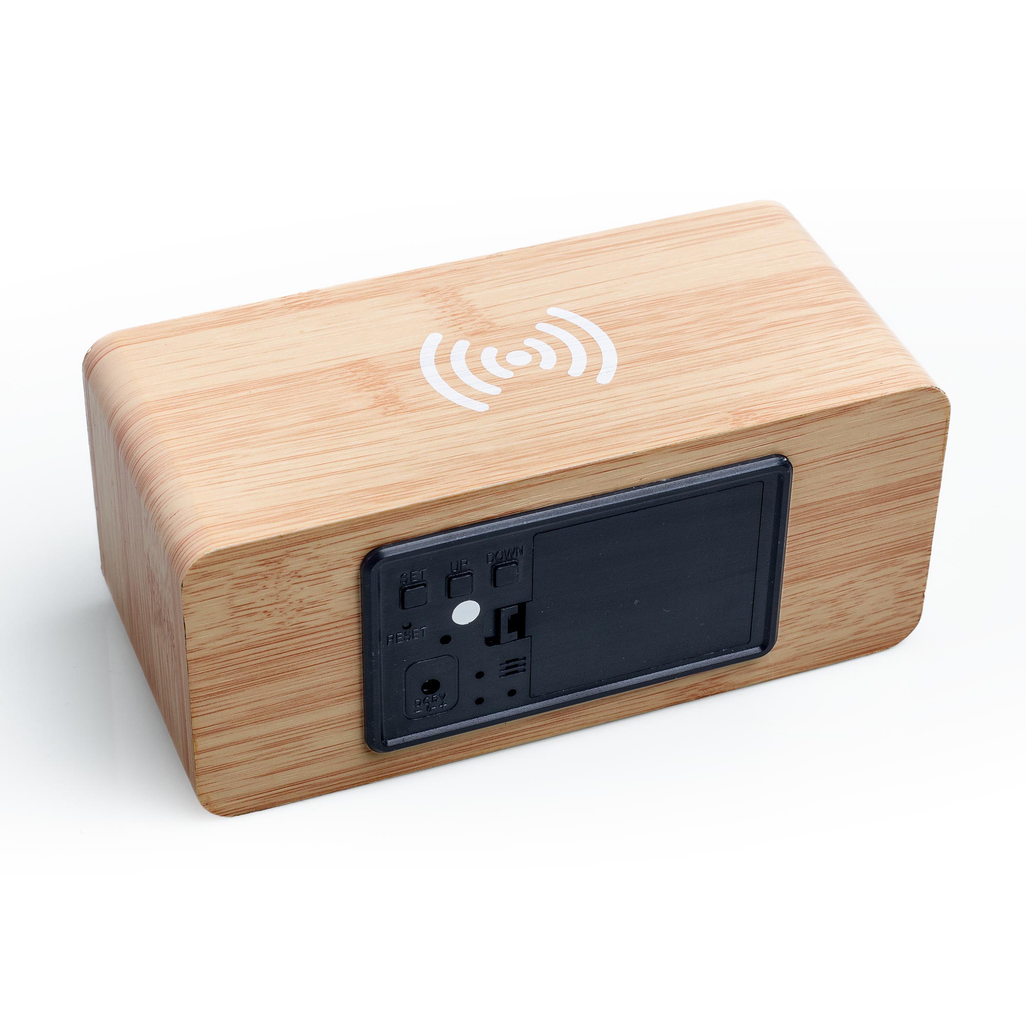 Despertador digital simil madera con carga inalámbrica, 3 alarmas y control por sonido