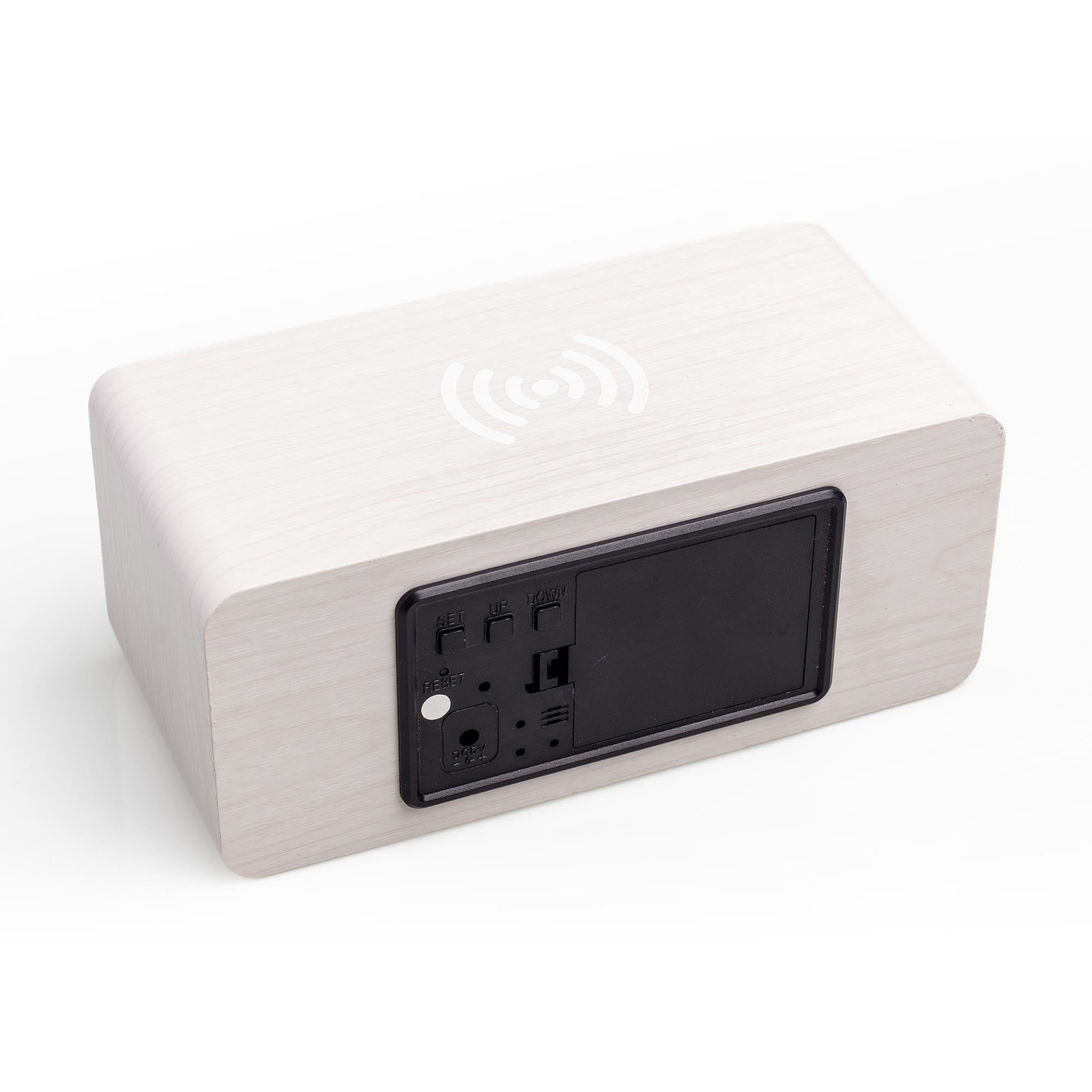 Despertador digital simil madera con carga inalámbrica, 3 alarmas y control por sonido