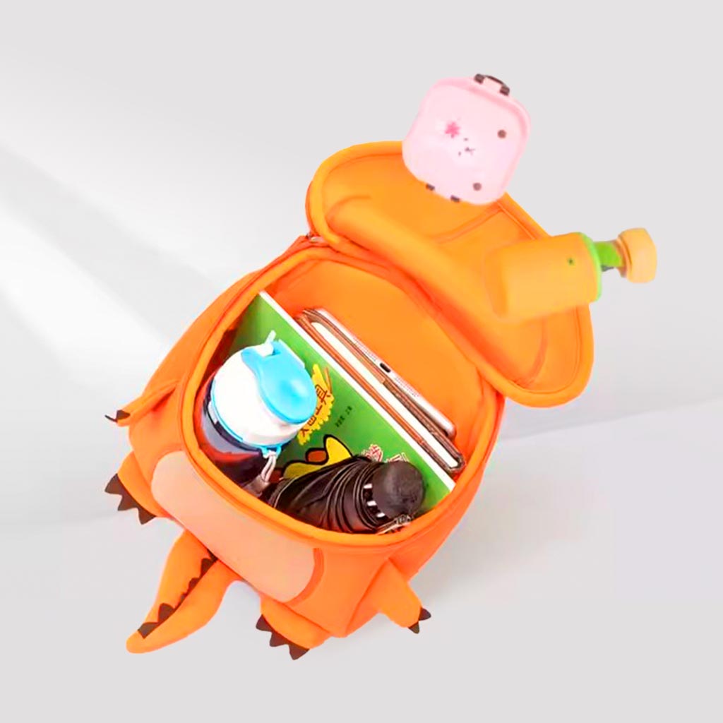 MOCHILA INFANTIL TIRANOSAURIO GRANDE NARANJA – IMPERMEABLE Y DIVERTIDA